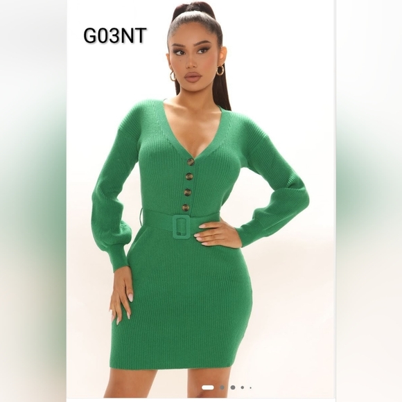 Fashion Nova Dresses & Skirts - Fashion Nova Emerald Ribbed V‑Neck Belted Sweater Dress